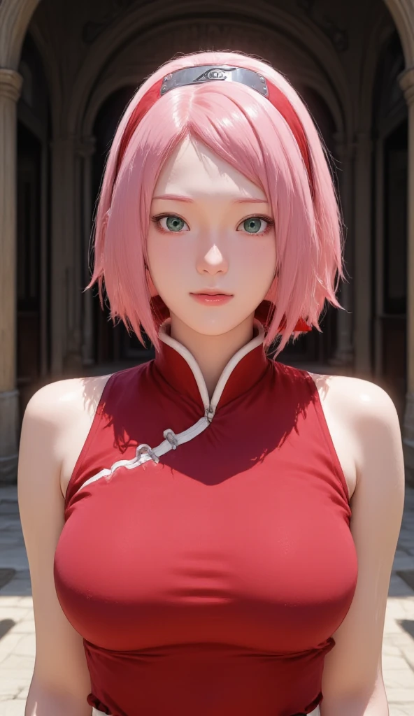 masterpiece, best quality, (realistic,photo-realistic:1.4), (RAW photo:1.2), extremely detailed CG unity 8k wallpaper, delicate and beautiful, amazing,finely detail, official art, absurdres, incredibly absurdres, huge filesize, ultra-detailed,extremely detailed eyes and face,light on face,(little smile),haruno sakura,(pink hair:1.4),(short hair:1.4),(small breast:1.4),(wearing red dress:1.5),(night background:1.4)