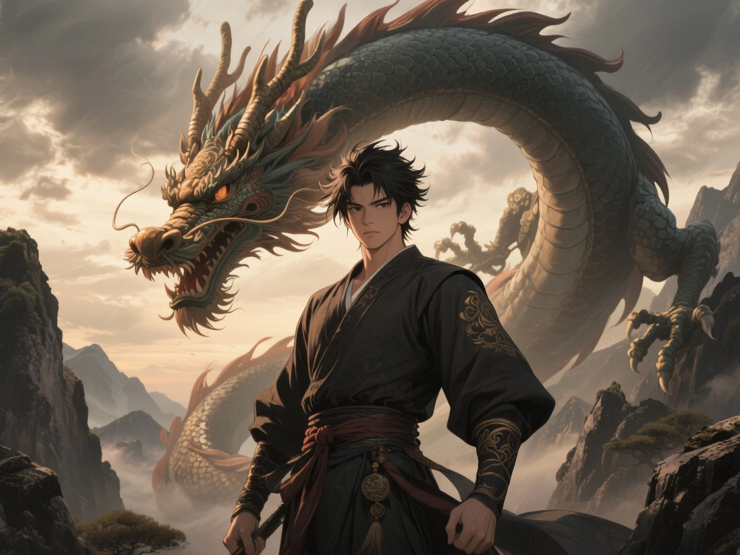 decent, (best illustration), 8K resolution, intricate details, best quality, realistic, very detailed, best lighting, best shadow, Ultra HD, ((((handsome young man))), ((teenage :1.5)), (shining red eyes), (shining eyes), ((((long black hair: 1.1))), ((dark green clothing)), (Prince (Indifferent expressions), , (((Wearing a high-detail luxurious green robe))),, Starry night sky, Falling meteors, elf ears, ((fair skin)), with a dragon horn on its forehead, surrounded by giant dragons