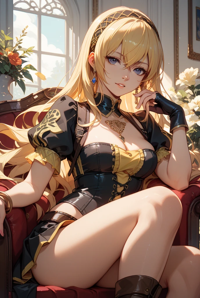masutepiece, Best Quality, extra detailed face, Sharp details, Perfect Lighting,(Finer details:1.1),1人の女性,Solo, (huge-breasted:1.2), Choker,blush, Looking at Viewer, Mole, (Mole under the eyes:1.1),cleavage, Thigh, sideboob barbosa, Black Gloves, (china dress, Golden dress) , black thigh highs, high-heels,(Jewelry:1.1),(Hair Ornament:1.1),Cowboy Shot, Sit on the sofa, From below,(Full body:1.2), (Indoor ,Fine background, Plants, Flowers, vases, windows),seducting smile,blonde hair, jianlingguimeng