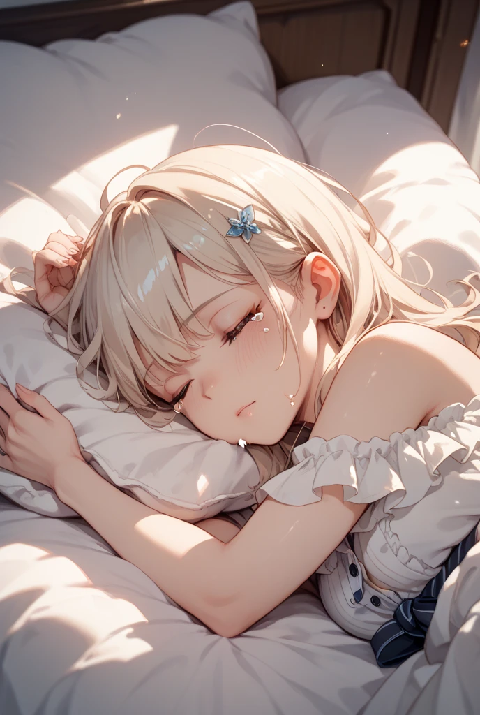 Masterpiece, Superior quality, super detail, 8k, Detailed light, detailed shadows, RAW, (detailed skin), (real: 1.2),, 1 nordic girl, face, (9 years old), by white, sleeping in a luxurious bed, Night dress