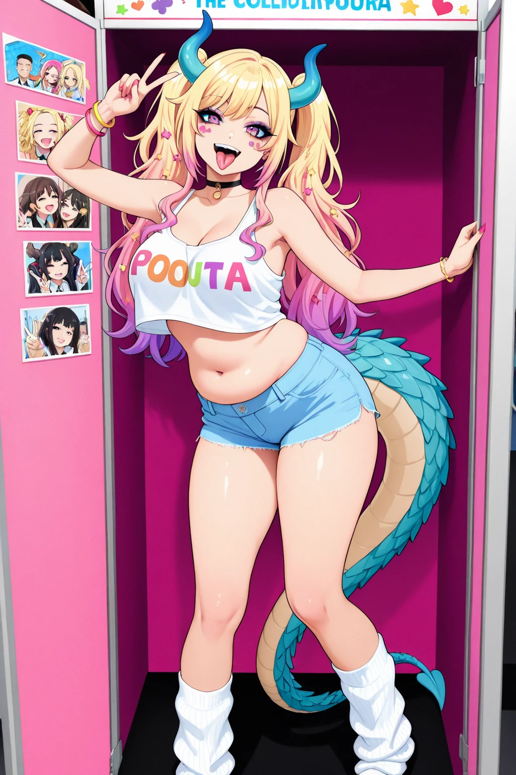 A smug narcissistic pink haired woman wearing a pink bra and blue pants and lots of jewelry flaunting herself