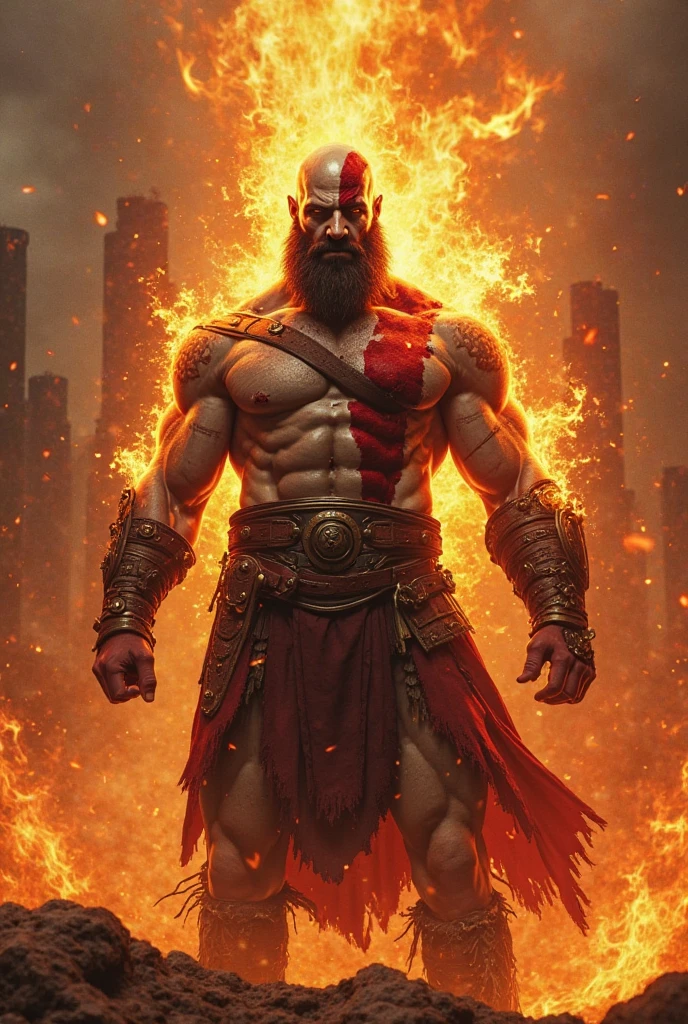 He is a giant with white skin and red scars that cross his face., criando um contraste marcante. Your hair is red, smooth and seems to glow as if it were on fire. He wears armor that simulates the pattern of flames., with metal pieces that shine in shades of orange and red. When Ignis opens his mouth, a torrent of intense fire emerges, illuminating its surroundings with a fiery light.