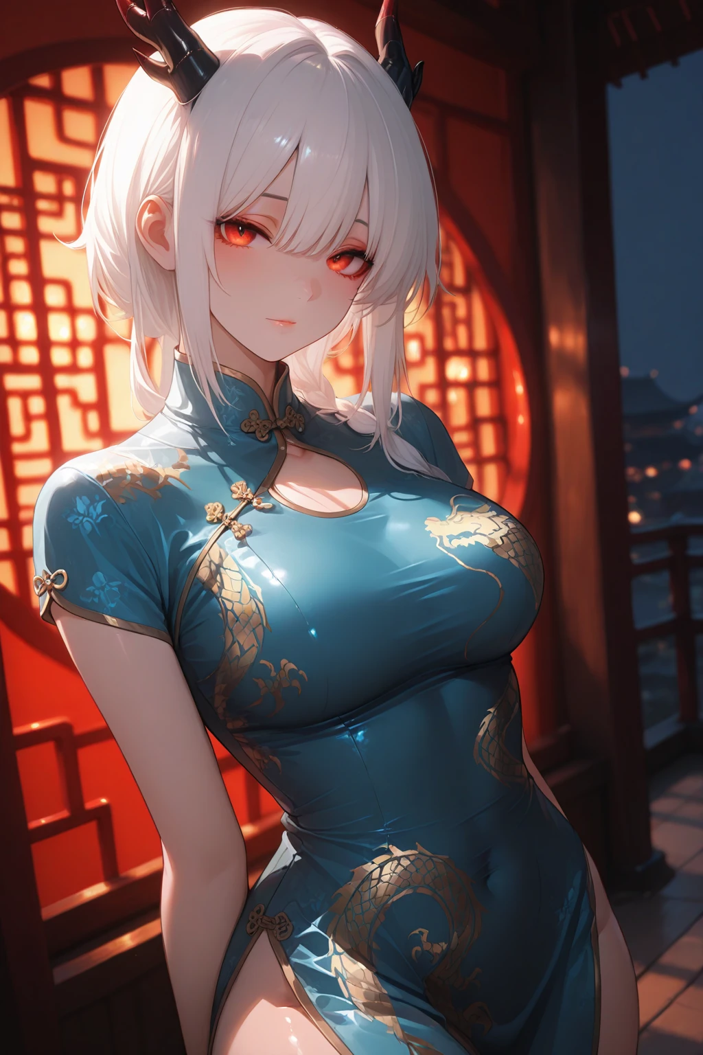 (((Masterpiece))), (((Highest quality))), ((Ultra-detailed)), ((Super fine illustration)), ((Ultra-fine painting)), (16K highest quality wallpaper:1.4), (Upper body:1.6), HDR, (Highly detailed and delicate illustration style:1.8), Detailed skin texture, Detailed cloth texture, Extreme detailed description, (T-masterpiece), (Highly detailed face:1.2), (Highly detailed silver fox ears:1.2), (Highly detailed and shiny silver braid:1.2), (Highly detailed beautiful clear eyes:1.2), Original, RAW photo, Professional, Intricate details, Super details, Direct light:1.6, (Perfect anatomy:1.4), (Highly detailed hands:1.2), (Highly detailed fingers:1.2), (Highly detailed fingertips:1.2), (Sexy), (Sexy), (27-years-old), Real, (Solo:1.6), ((A beautiful and attractive silver fox female model:1.4)) BRAKE (Beautiful and adorable silver fox ears:1.6), (Highly detailed and delicate silver fox ears:1.2), (Beautiful and well-shaped big breasts:1.2), (Beautiful and well-shaped buttocks), (Beautiful and shiny silver braid:1.6), (Highly detailed and delicate silver braid:1.2), (Beautiful and clear blue eyes:1.6), (Highly detailed and delicate blue eyes:1.2), (Highly detailed face:1.4), (Smile:1.3), (Blush:1.2), (Looking at viewer:1.4) BRAKE ((A vibrant black and silver cheongsam:1.4)) BRAKE ((Highly detailed and beautiful street night view of Chinatown in the background:1.4), Highly detailed and delicate moon and starry sky background:1.4) BRAKE (NSFW) BRAKE 
