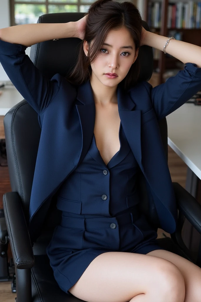 absurdres, RAW photo, extremely delicate and beautiful, masterpiece, Best Quality, ultra high resolution, 32k, hyperrealistic, ultra-detailed, perfect anatomy, super Detailed skin, perfect figure, Very detailed CG 8k wallpaper, in her 20s, very Slim body, narrow waist, very small head, very small face, delicate facial features, tearful mole, earring, thin legs, very huge round breasts, full body shot, shorter middle hair, wavy hair, ((office lady suit)), blazer,