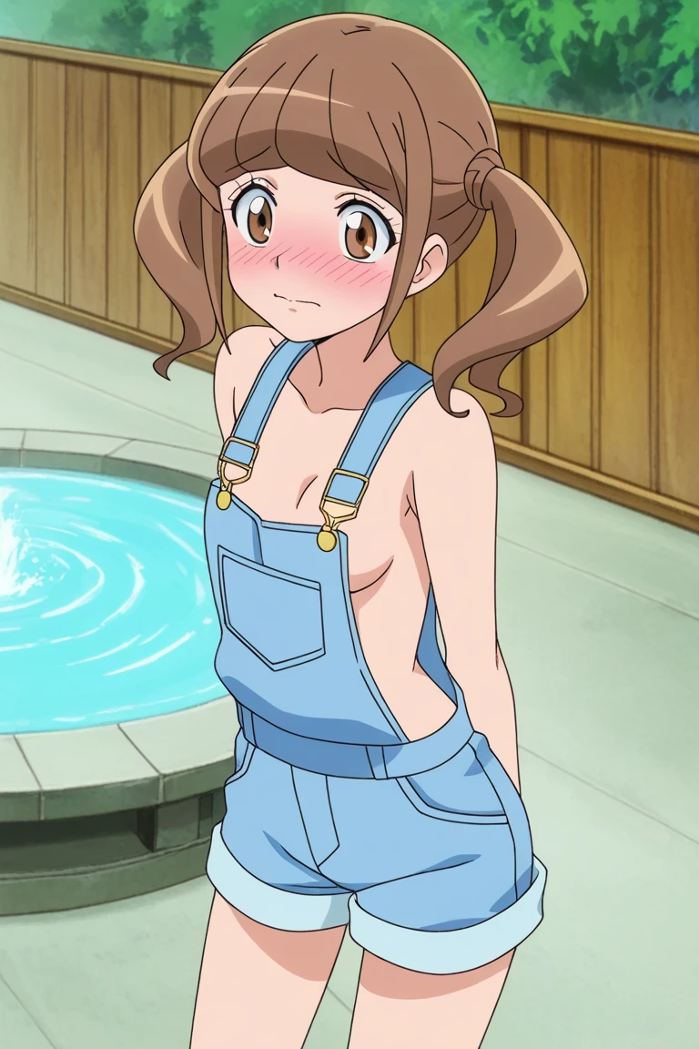 ((best quality)), ((masterpiece)), (detailed), perfect face, (((18yo teen girl removing one piece swimsuit))), pool, (((shy:1.5))), ((blushing:1.2)), ponytail, skinny waist, skinny thighs, (((topless)))