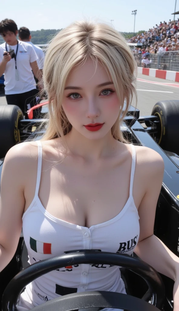(Realistic lighting, Best quality, 8k, Masterpiece: 1.3), Charming Russian model Nata Lee, Light blonde hair, One Blonde Beauties, maroon Thin Lace Micro Bikini Underwear, Ultra-Fine Description, Nipple Tips Protruding, Hands Spread Sideways, Pubic Area Clearly Visible, Crotch Spread Wide ((Layer Cut, Big: 1.2)), post sexy, Standing in front of a Formula 1 race car ready to take off. In an exciting racetrack.
