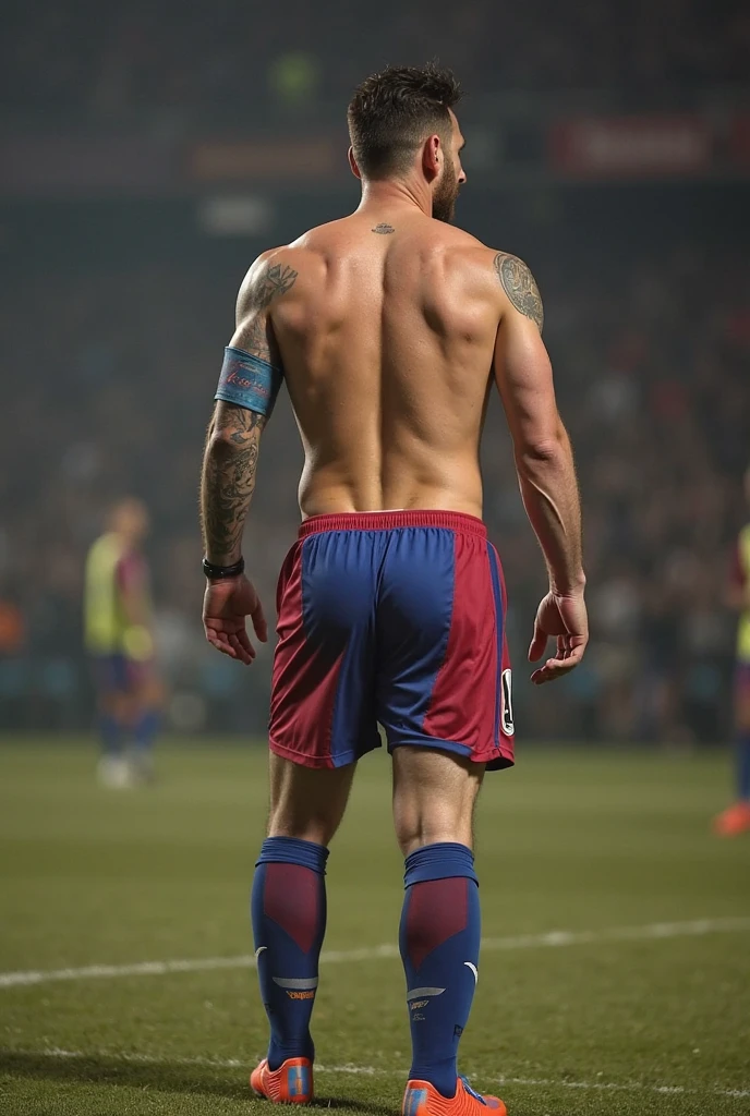 (Foto RAW de whole body), (Messi) (male body) (Lionel Messi) ( you see it from the side) (training) (you see his face) (naked ass) (Football) (in a match) (show your ass), ), (8k hd), (DSLR), (natural lighting), (high quality), (film grain), (Fujifilm XT3), (whole body), (back view).