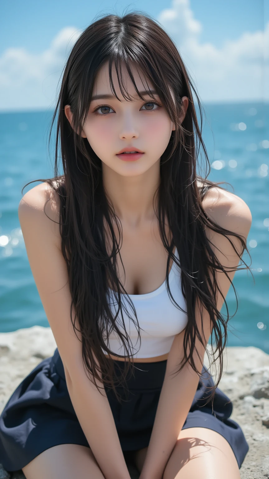 (8k, RAW Photos, Highest quality, High resolution:1.1), (Ultra-realistic:1.4),(Realistic, Realistic:1.3),The Beauty of Japan、
BREAK (((White T-shirt, Mesh T-shirt, Crew Neck, Wet sheer Stretchy T-shirt,))), Transparent nipples, 
BREAK Upper Body, Lean Body,
BREAK 1girl, solold, shigure, ahoge, single braid, hair ornament, hair flaps, hand ribbon,
BREAK ((Wet with rain)), in the beach,
