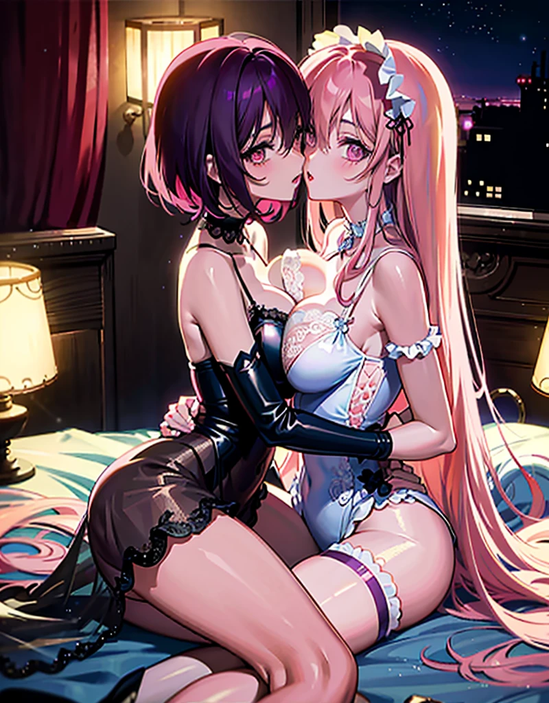 Highest quality,Highest Resolution,(((A beautiful girl with blue eyes and black hair in a maid leotard)))and(((A beautiful girl with red eyes and purple hair in a gothic lolita leotard)))are having sex in the sitting position,kiss,saliva,(((Halo))),smile,Frills,Knee-high stockings,Camera from a distance,