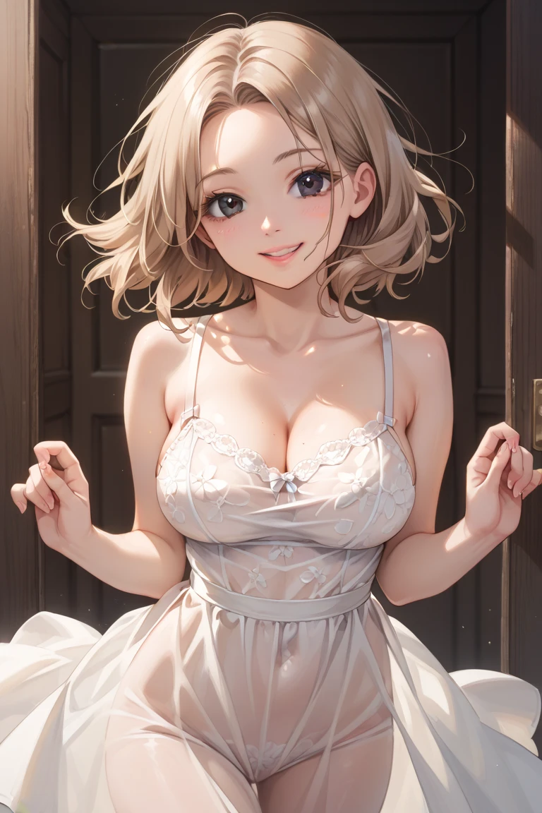 ((Campaign Girl)), ((skirt)), ((pantyhose)), ((Shiny Costumes)), skindentation, skinny, solo, 1 woman, Masterpiece, highest quality, highest quality, 16K, incredibly absurd, highly detailed, 2.5D, ai-generated, delicate and dynamic, very delicate facial expressions, delicate eye depiction, erotic, only sexy woman, ((A cute and kind face)), healthy figure, ((25-year-old woman)), 160cm tall, medium firm swaying bust, , blush, Sweat,Embarrassed,sexy, ((thin thighs)), (camel toe:0.7), (visible nipples:0.3), (Erect nipples,:0.7), shiny and lustrous, facing straight at viewer, (((in heat))), ((Oily_skin)),, ((dutch angle)), ((erotic pose)), 