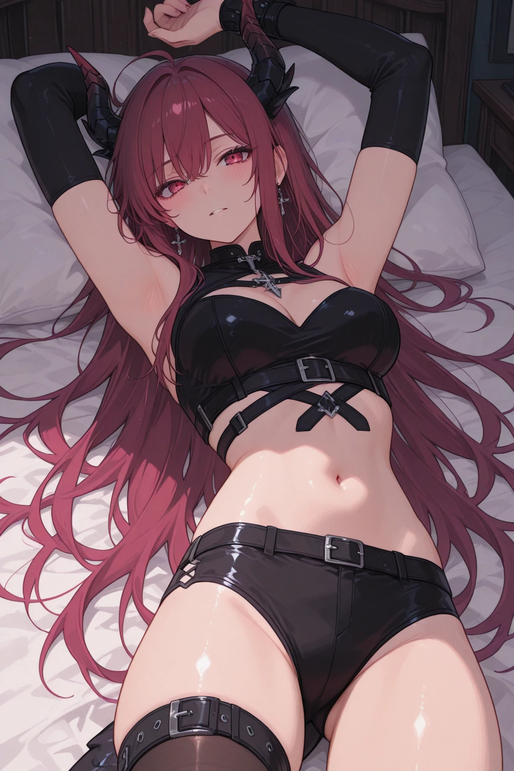 Lying in bed with provocative clothes, a beautiful room full of a thousand details, her beautiful look, shy, wanting to have sex