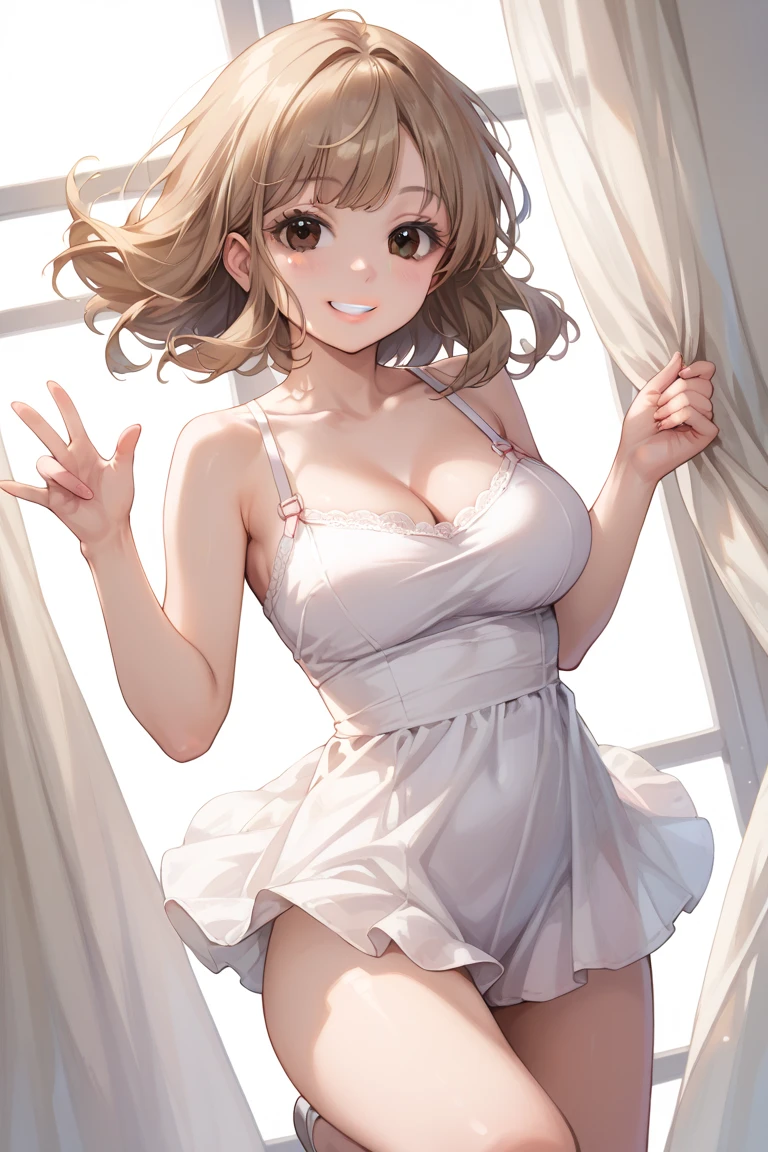 (Highest quality、8k、32K、masterpiece)、(Realistic)、(Photorealistic:1.2)、(High resolution)、Very detailed、Very beautiful face and eyes、1 person、Round and small face、Narrow waist、Delicate body、(Highest quality、Attention to detail、Rich skin detail)、(Highest quality、8k、Oil paints:1.2)、Very detailed、(Realistic、Realistic:1.37)、Bright colors、(((Curly Hair))), (((Long Hair))), (((Bust Shot)))、(((Small breasts)))、(((Even bangs)))、(((Pure white wall background)))、(((Pure white wall background)))、(((She has a happy expression)))、(((Strapless blouse))), (((Look straight ahead)))、(((The skirt is short)))、