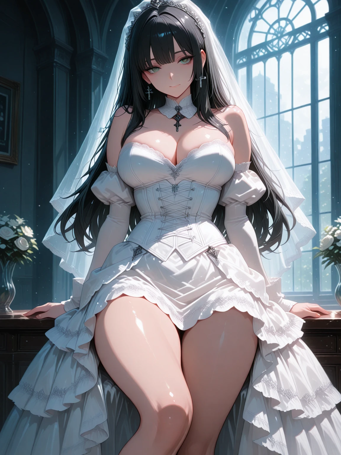 The girl with meticulous smoky makeup wears a wedding dress, silky hair, hair accessories and earrings dazzling, sweet smile. She wore high heels, white stockings with suspenders, veils and lace gloves. The scene is random.