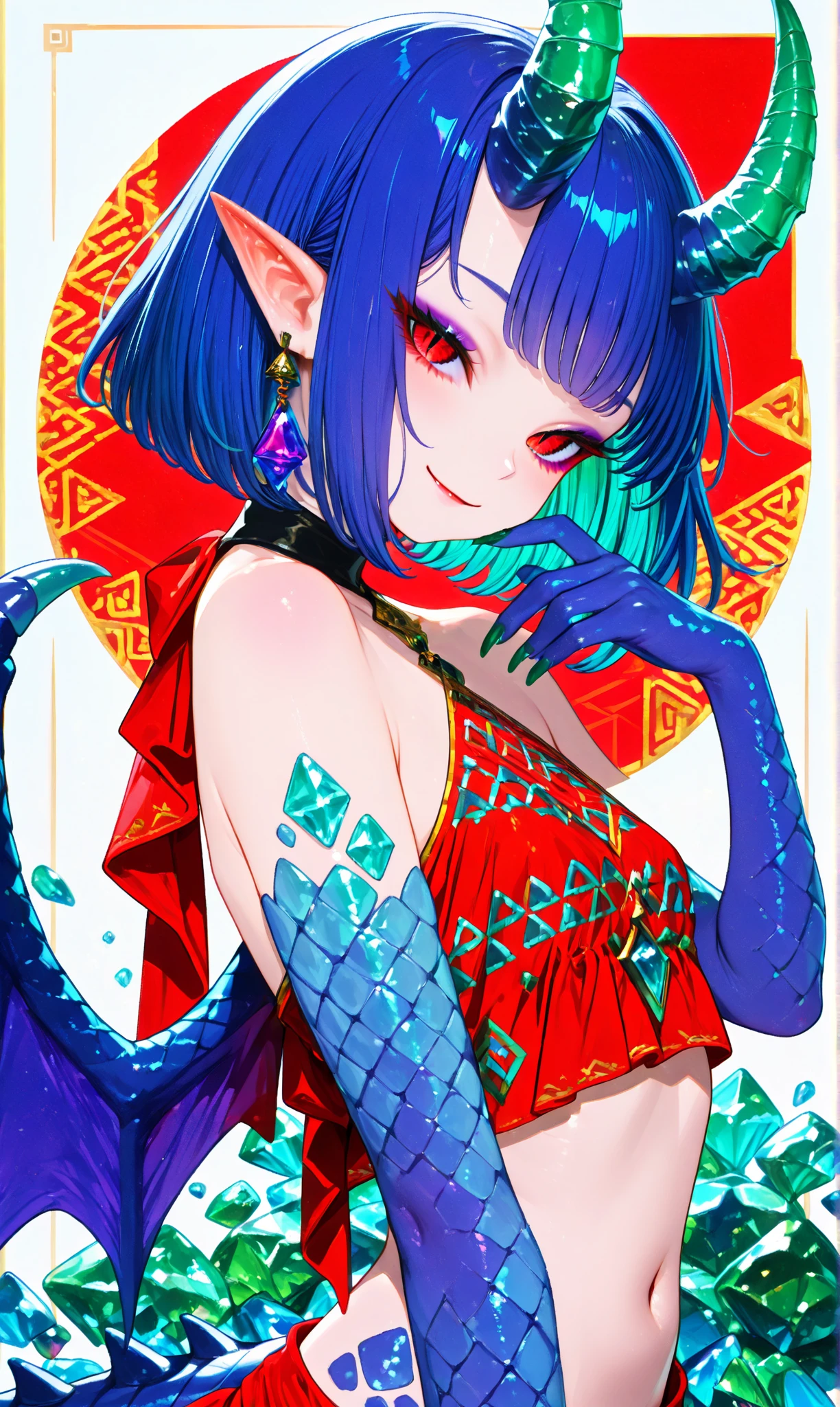 best illustration, illustration, vibrant colors, masterpiece, best quality, absurdities, 1girl, beautiful face, detailed eyes, looking at viewer, contrapposto, sexy, standing, full body, neeko, facial marks, hair ornaments, flower hair, necklace, lizard tail, multicolored skin, body paint, black micro bikini, walking in public, embarrassed, red with embarrassment, panting, smiling, in public