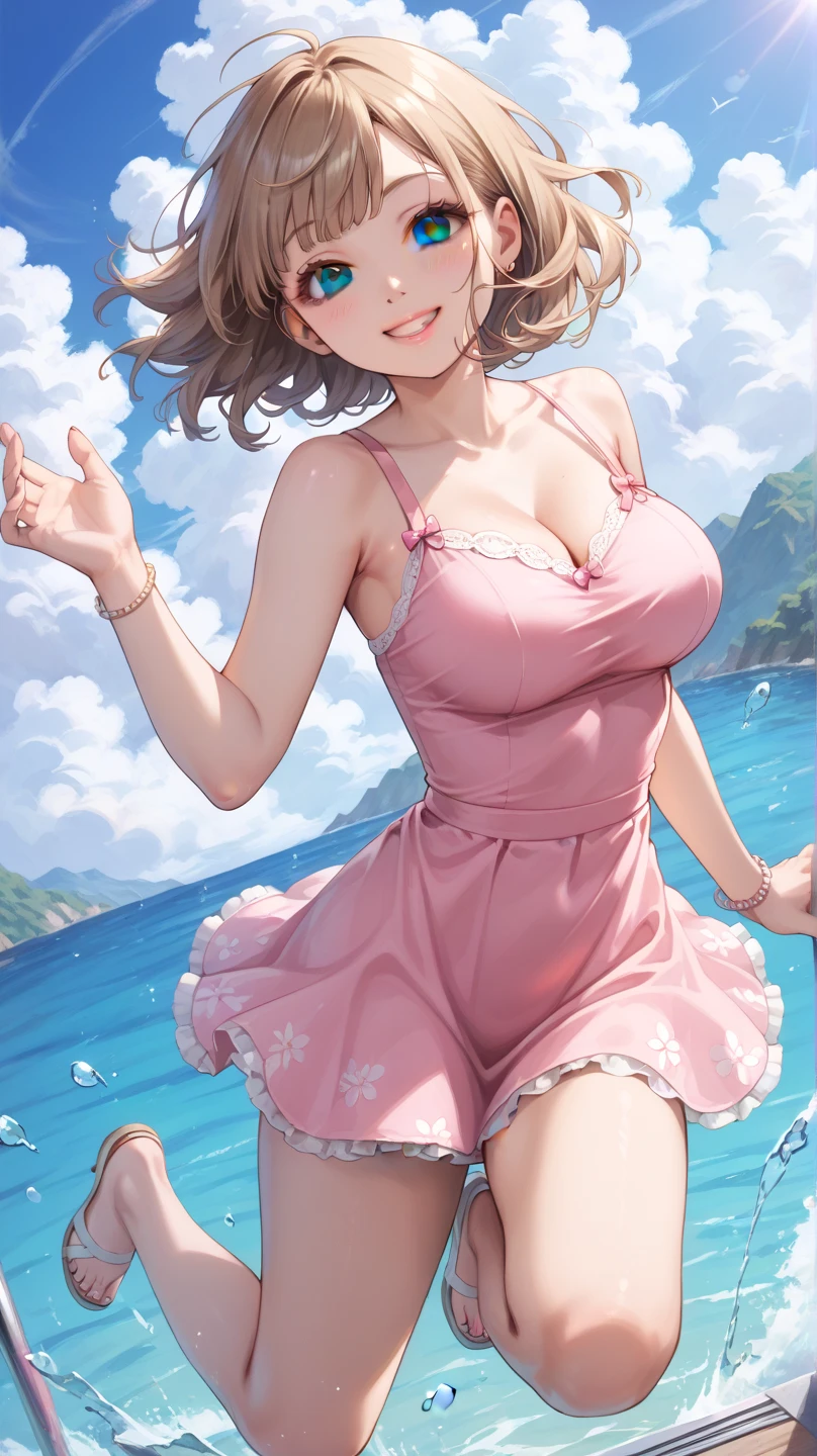 ((masterpiece)), ((best quality)), (ultra-detailed), ((kawaii)), cute, (lovely), ((sexy)), (ero), ((extremely detailed)), 4K, (8K), best quality, (beautiful), anime style, dynamic angle, raise a hand, running, colorful, full body focus, pool, beautiful sky, daytime, summer, a cute girl, 1girl, solo, one-piece dress, beautiful light brown hair, beautiful purple eyes, ((beautiful eyes)), white-skinned, ponytail, large breast, smile, lens flare, wind effect, shiny-glistening, gleaming, wetted by water --auto