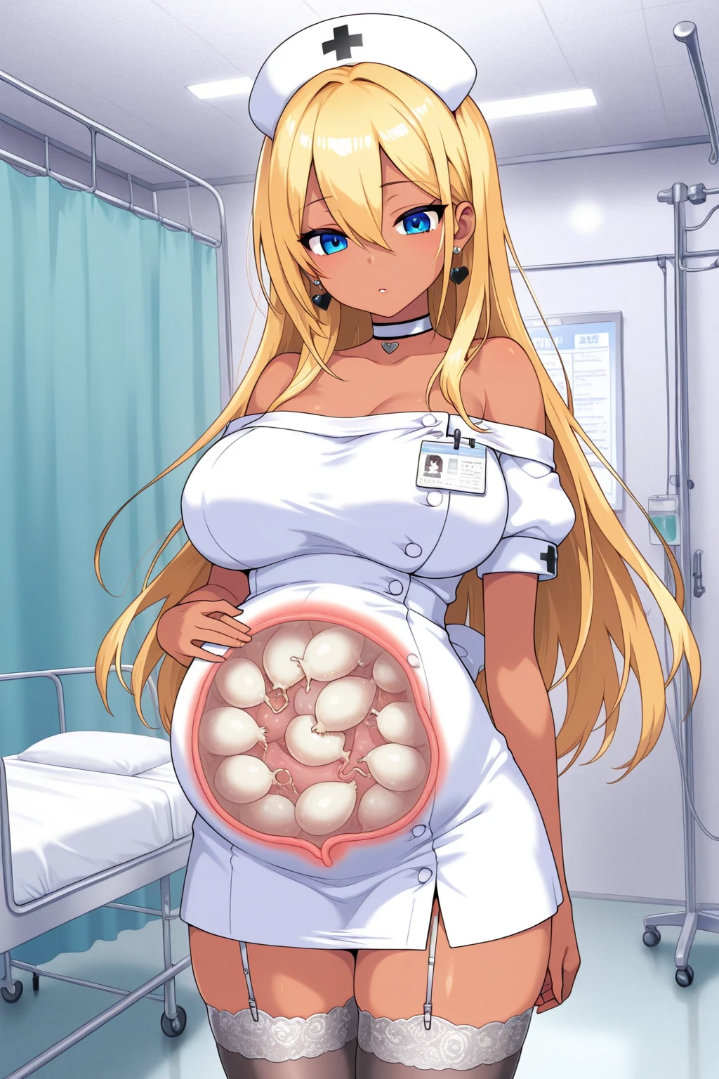 ((beste-Qualit, tmasterpiece)), 
a 1girl, beste-Qualit,tmasterpiece,hairlong,white hoodie,white shorts,Brown hair,blue bangs,yellow eyes, pregnant, navel peeking under hoodie, blushing, red blush on cheeks, embarrassed expression, motion lines from stomach, trembling lines around stomach, stomach blush