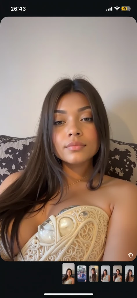 arab young woman lying in bed, , ((selfie)), lying on front, lying on belly, back visible, 