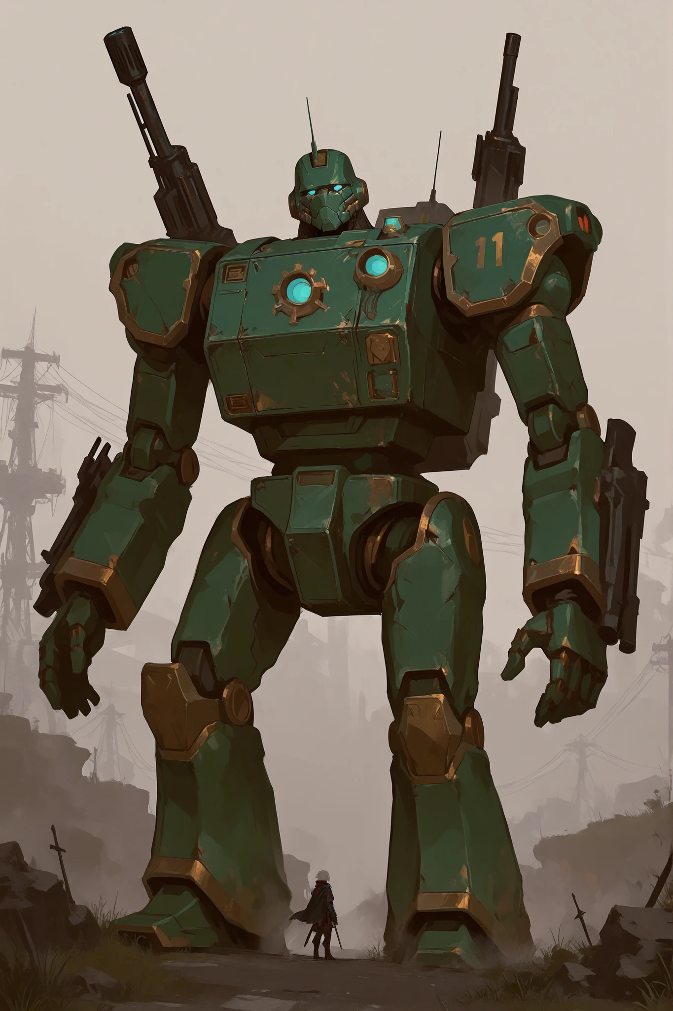 A giant green robot with lots of weapons and looks like a tanky bulky monster demon
