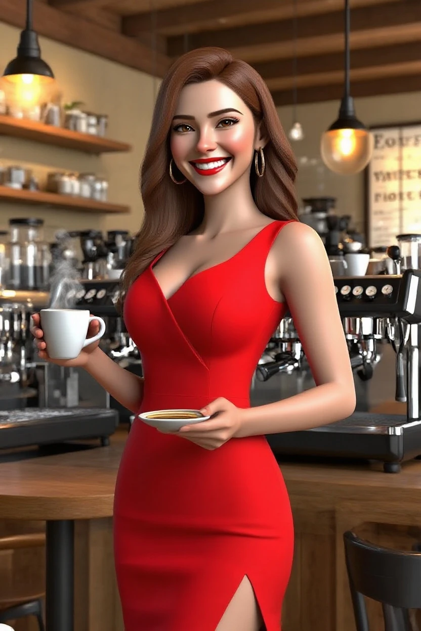 A girl in a bossa nova themed café, (18years old),[the face is combination of (((irene1:1.2))) and (((Excella_er5:1.2)))],long eyelashes,gorgeous girl,feminine charm,pearl skin,(skin pores:1.1),extremely detailed face and skin texture,(skin texture:1.1),black hair,soft and smooth hair,tall and slender body,(192cm tall),thin and delicate figure,graceful posture,strong and defined muscles,flawless skin,defined abs,perfect curves,feminine appearance,embodying elegance and beauty,happy expression,full-smile,seductive eyes and sensual lips,large breasts,cleavage breasts,((wearing a sexy (red) shirt dress:1.3)),(no panty),(ultra-short dress),surrounded by soft, warm lighting and elegant decorations. She sits at a table draped with a vibrant, handwoven tablecloth, sipping a cup of freshly brewed coffee. The café is filled with the rich aroma of freshly ground beans, and the sound of smooth bossa nova tunes fills the air. The café walls are adorned with colorful paintings and vintage photographs, adding to the artistic atmosphere. The furniture is made of polished wood, giving a sophisticated touch to the space. The café has a tropical vibe, with hanging plants, palm trees, and colorful flowers adding bursts of vibrant greens and pinks. The warm, golden color palette of the café creates a soothing and inviting ambiance, with soft shadows and highlights playing on the surfaces. The lighting is reminiscent of a sunset, casting a warm glow on everything it touches. The overall image quality is of the highest standard, with every detail captured in ultra-sharp focus. The colors are vivid and the textures are rich and realistic, creating a visually stunning masterpiece. This prompt features the medium of a realistic painting, enhancing the overall artistry of the image. The prompt also includes additional details such as the cozy café setting, the soothing bossa nova music, and the tropical decor, creating a complete and immersive visual experience.