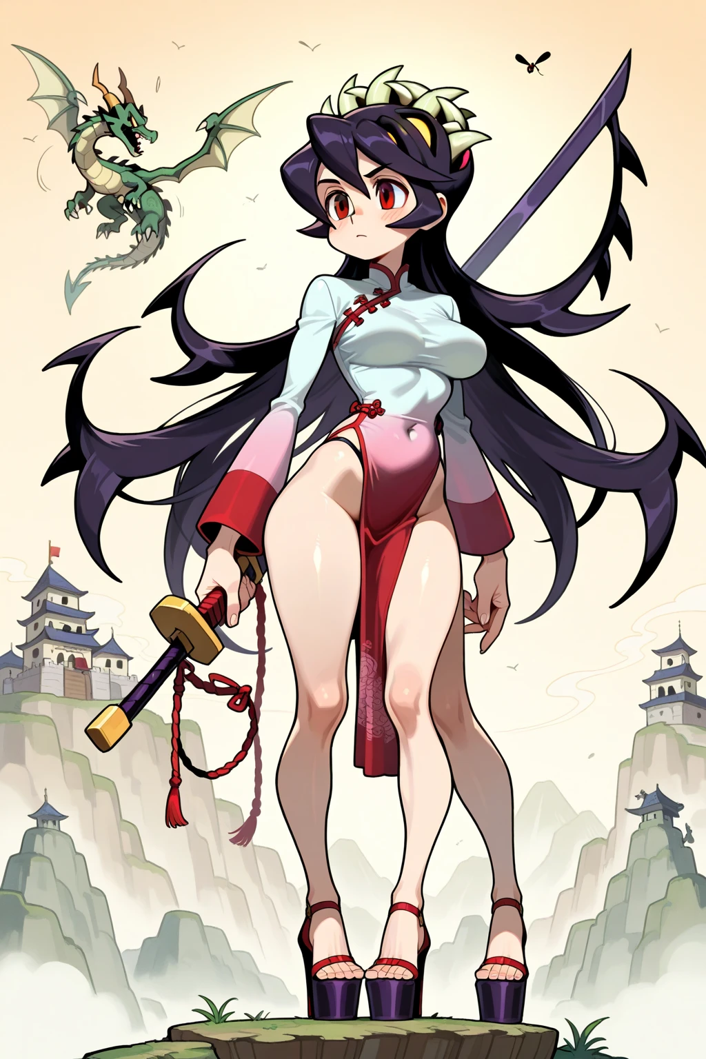 (Tentacles cut with a sword),((masterpiece,best quality anime,Highest quality:1.3)),realistic,cowboy shot,(25 year old beauty),Female ninja,1woman,solo,((very small head:1.4)),((very long body:1.3)),black hair,bangs,straight long hair,gorgeous big eyes,black eyes,Angry expression、((tan skin:1.5))、((Injury,mole)),((slender body:1.3,skinny)),medium breasts,naked,nipples,gleaming skin,shiny skin,sweat,(Holding a Japanese sword、Stomp on the tentacles),standing,Old shrine in the mountains、night,nsfw,Action Scenes、