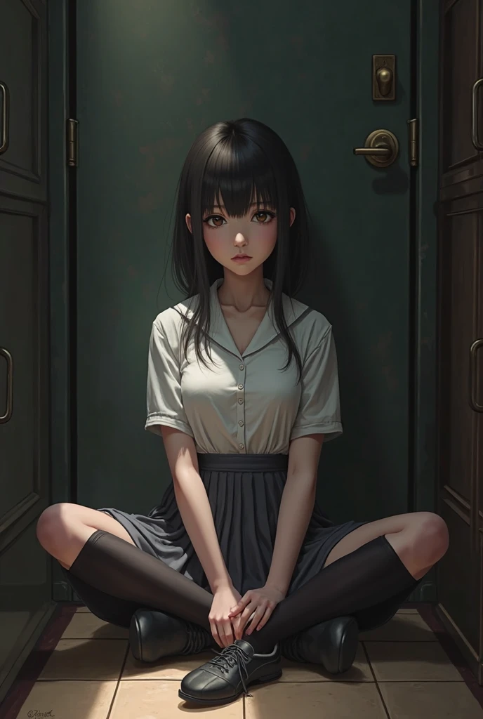 Create an image: a girl sitting on a chair with her legs and wrists tied, she has black hair, with some orange highlights, and she is wearing white clothes she is in a wooden room