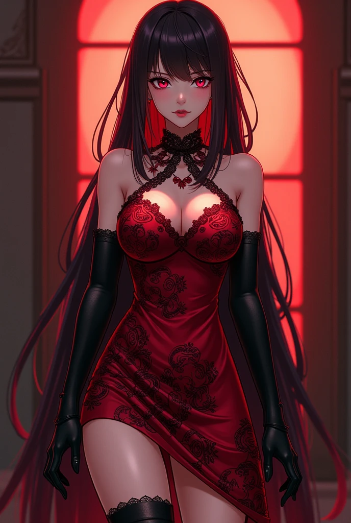 A seductive Gothic Asian woman, slim yet with a generous figure, is the main subject of this alluring image. Her dark hair cascades in waves around her pale face, contrasting with her bright crimson lips. The image is a highly detailed painting, her eyes captivating as they gaze directly at the viewer. The intricate lace of her corset enhances her silhouette, while delicate jewelry adorns her fingers and neck. This stunning portrayal captures the essence of mystery and sensuality with exquisite precision.