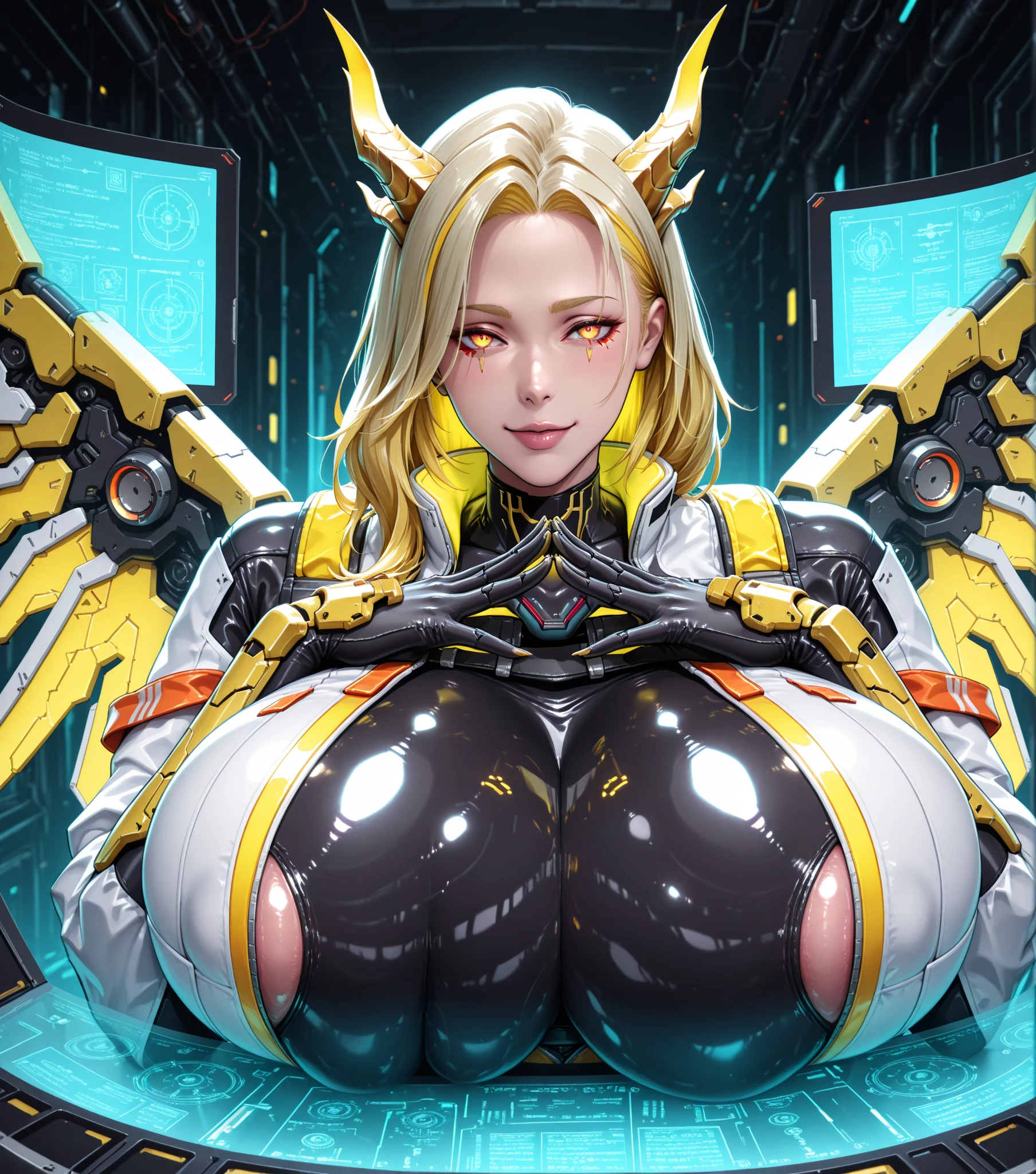 TEKKEN_REINA, CLOSE UP UPPER BODY,SOLO, COWBOY SHOT, ((EVIL DRAGON MECHA HORN,CAUCASIAN BLONDE HIGHT PONYTAIL HAIR)), (GIGANTIC FAKE BREASTS,CLEAVAGE TOP,11 LINE ABS:1.5), ((WEARING OUTFIT MECHA GOLDEN CRIMSON DARK EVIL DRAGON MICRO BIKINI ARMOR:1.5)), (MUSCULAR BODY SHAPE:1.5), (CLEAN GLOSSY BODYSKIN:1.5), (LOOKING AT VIEWER:1.6), (BACKGROUND FUTURISTIC SPACE STATION:1), (PHOTOREALSITIC:1.4), (ULTRA-DETAILLIERT), (TOP-QUALITY), (BEST SHADOWS), BRIGHT LIGHT IN ROOM, HYPER TEXTURE, (4X MSAA), ((UNREAL ENGINE 5 RENDER)), (NEON), PHYSICALLY-BASED RENDERING, ULTRA HIGHT DEFINITION, 16K, 1080P.