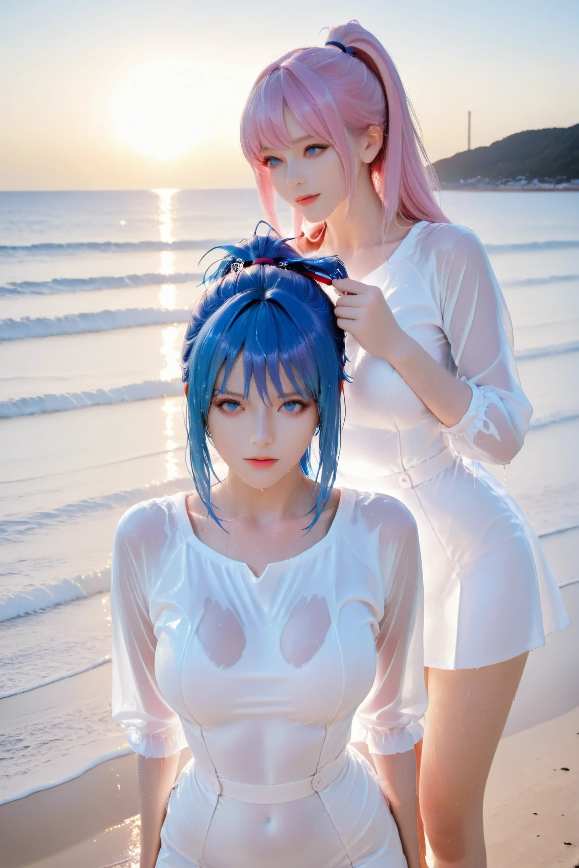 1 girl, solo, (nsfw), cute redhead 18-year-old girl in twin tails, ((perfect female body)) multiple (rainbow colored hair: 1.2), (beautiful detailed blue eyes: 1.6), (photo realistic eyes: 1.6), happy, Ukrainian, (petite body), ((small hips)), pale skin, wearing a ((sheer)) ((see through)) pastel blue (playboy bunny) outfit, frilly edges, frilly, shiny oily pantyhose, post apocalyptic background, bleak barren desert, photo realistic.