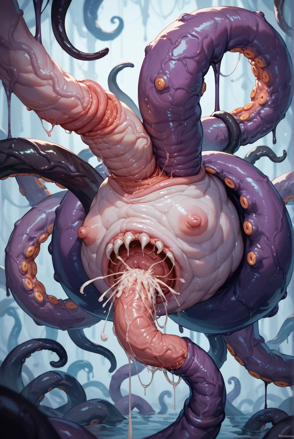uniting, union, merging, fusing, amorphic, dysmorphic, cardioform, pulsation, vein tentacles, neoplasm, tumor, artery, aorta, vein, pus, corrupted, grotesque, putrified, disgusting, repulsive, purple