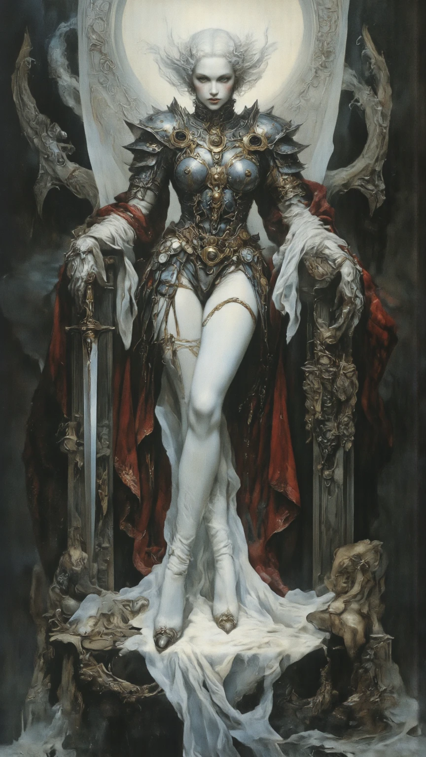 Beautiful woman with sword in hand by a huge dead tree, standard figure, anatomically correct, ccurate, white skin, red clothes, white skull on the ground, pointed peaks in the background, layers of strange mountains, bright and natural, cool colors. Photographic effect, best quality, masterpiece, super high resolution, (realistic:1.4), original photo, 1girl, ((black lace dressing gown)), ((small breast)), cold light