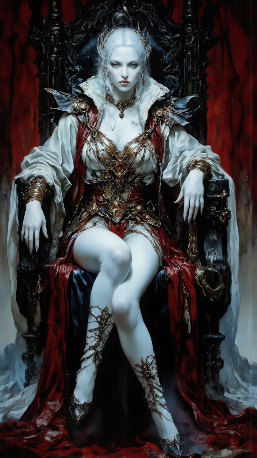 "Illustrate Stella seated on a grand throne, exuding power and authority. The background should be opulent and fitting for royalty, with details that emphasize her commanding presence." pink bird beak, smiling, big breasts.