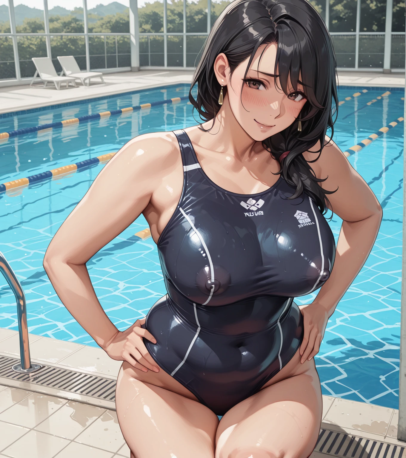 1girl, adjusting hair, outdoors, pool, poolside, sitting, one-piece swimsuit, curvy, thick thighs, from above, ponytail, bangs, blunt bangs, <lora:adjusting_hair_v1:0.8>