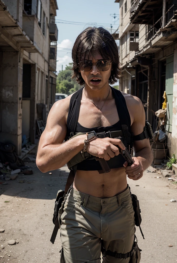 (Masterpiece), Best quality, expressive eyes, perfect face, slim, photo realistic, bondage and BSDM style, a handsome young Latino, short hair, shirtless, in six-pack, wearing tight camouflage pants, olive green, (black boots) (military boots), steel harness, tied with ropes, by the arms and around the neck, hanging from the ceiling, from a room, from a house.
