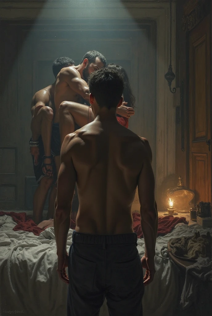 An extremely hot man rests his athletic and naked body, on top of a bed with his body covered up to his waist by a red robe, behind a large window displays an apocalyptic scene of Dante alighieri,