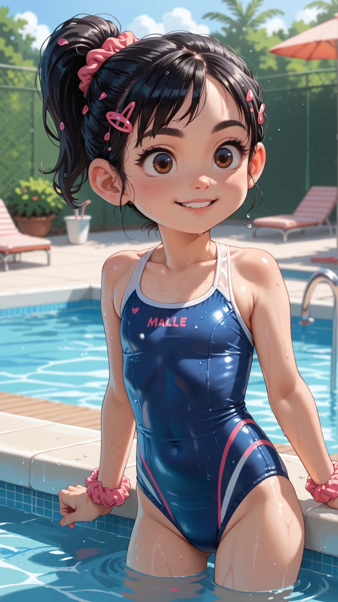 1 girl, VanellopevonS, 1girl, anime style, solo, black hair, hair ornament, hair scrunchie, swimsuit, small girl, cute, solo, bathing, hotel pool, miami, sfw