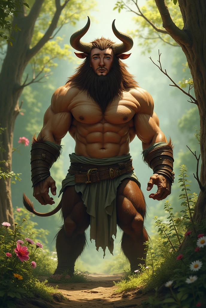 Naked handsome man squatting down in a forest with hairy pubic hair and hairy armpits