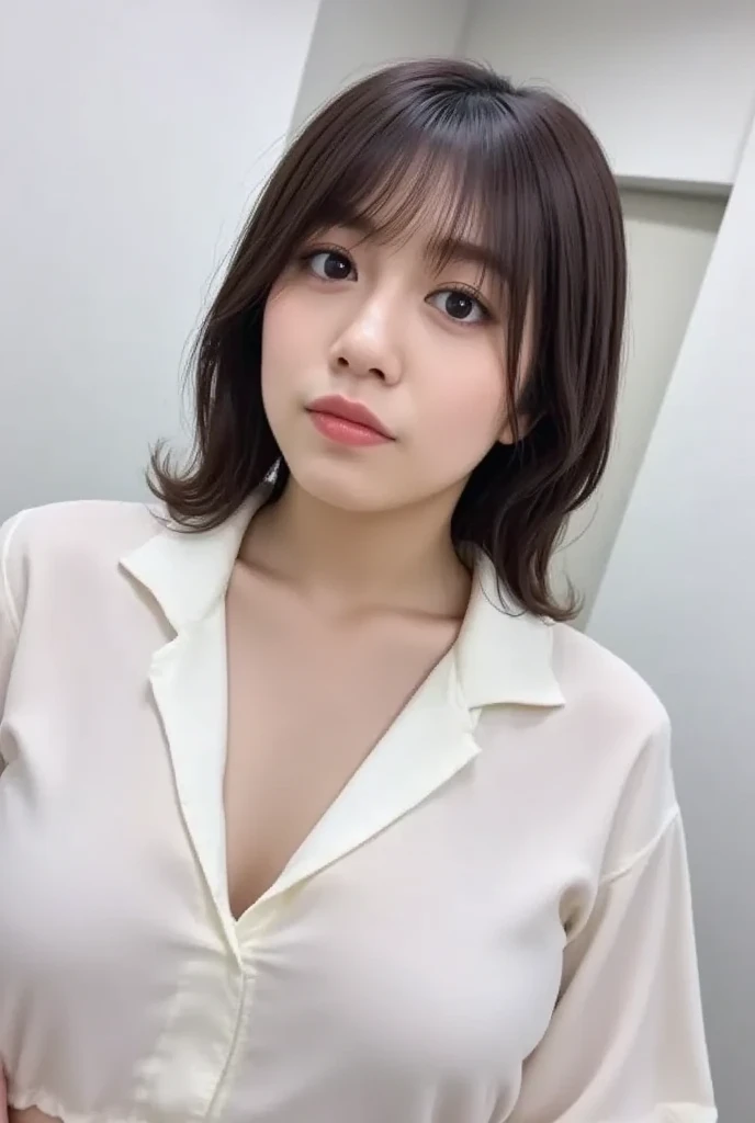 (Lift up your white shirt to reveal your chest:1.4)1 beautiful girl, , (reality: 1.4), Smartphone image quality, 1 girl, Cinema Lighting, (Laughter:0.6), Japanese, Asian Beauty,Double Eyes、 46-point diagonal bangs, proper, really beautiful, A little young face, Beautiful Skin、Medium chest、(Selfie:1.2),On the bed、nsfw、Put your chest close、Boyish Short Hair、Slightly blurry image quality、