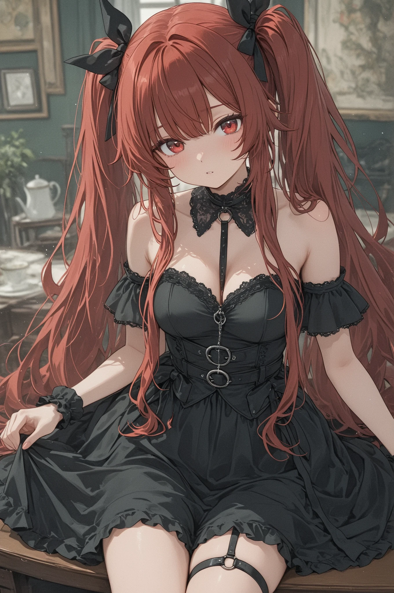 (masterpiece, best quality), 1girl, red hair, medium chest, gothic frill dress, pervert face,