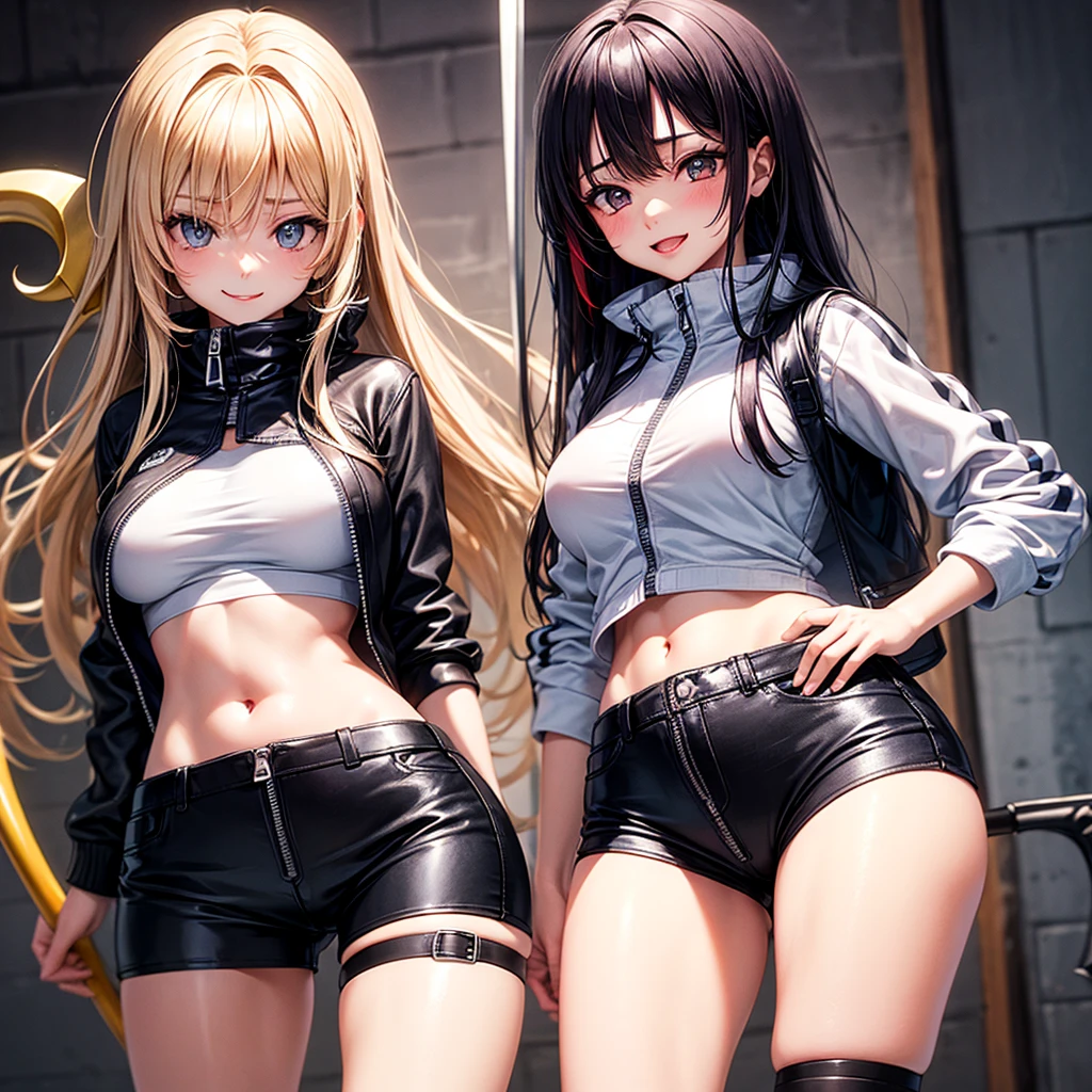 1 beautiful woman, (gray blonde hair:1), long hair, bangs, blue eyes, medium breasts, wide hips,sculptural body, neckline, tanned sweater, leather shorts, belt buckle, black thighs