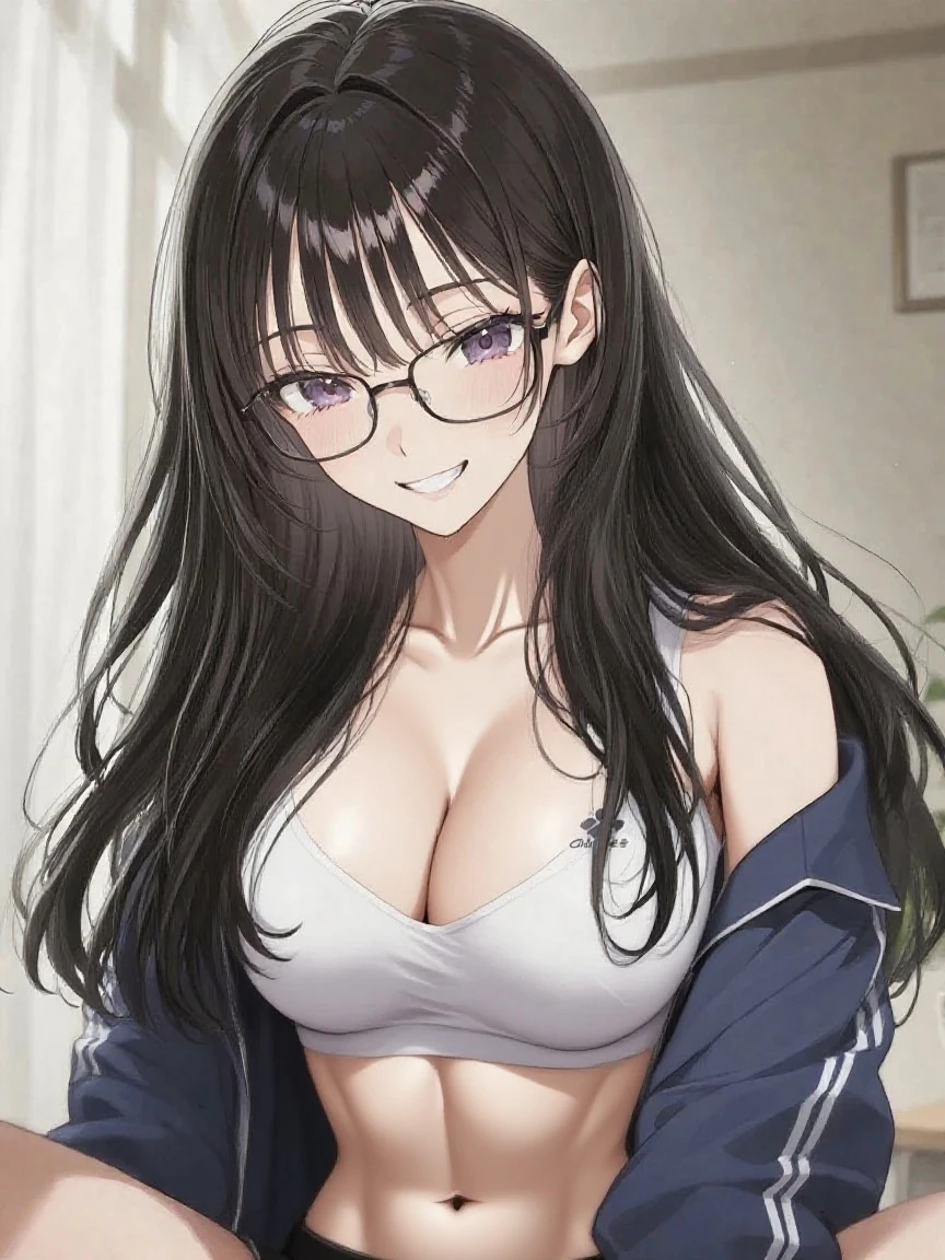 1 milf, ponytail hair, smiling, wearing a white tank top, wearing glasses, peeking out from behind the wall, white background, NFSW, semi nude, show breast, show nipple, lift off tank top to show off nippe
