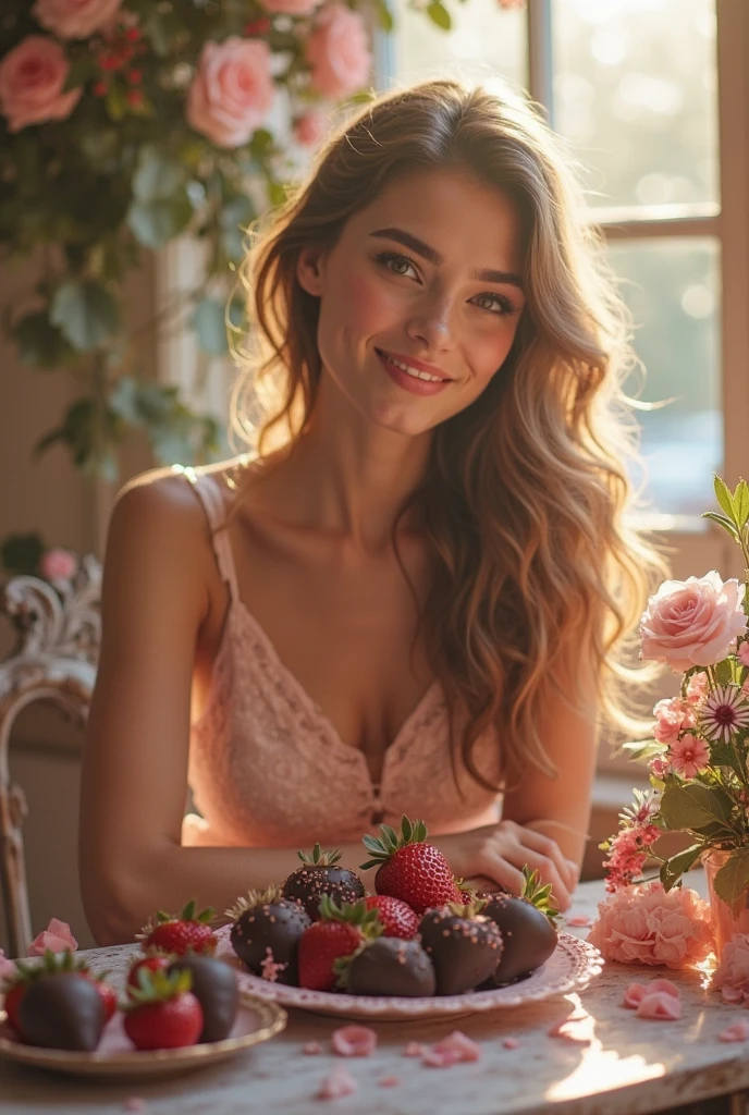 Wearing a pink dress、Smiling woman with flowers in background, Woman in the flowers, beautiful and smiling, There are flowers, cute women, With a beautiful smile, with an elegant smile, cute smiling, beauty campaign, cute women, Enchanted smile, she expressing joy, laying on roses, dramatic smile pose complex, The beautiful, with a seductive smile, Happy girl, Valentine's Day&#39;s Day Shuffle