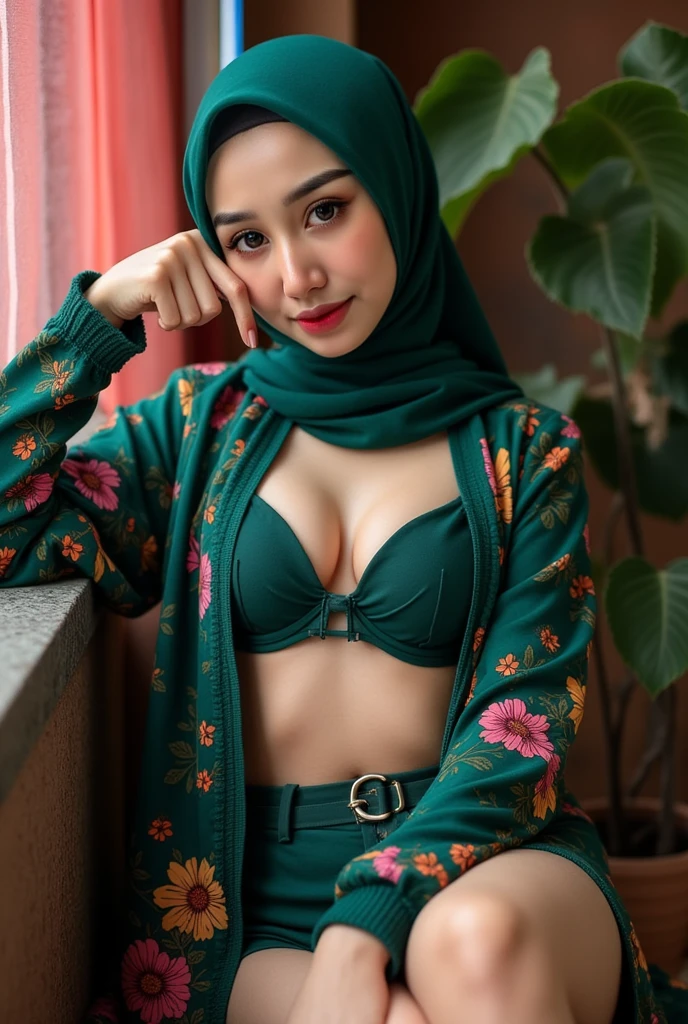 1 indonesia girl, wlop, medium breasts, modern hijab, tosca color hijab, high resolution, nier (series), nier automata, peach lips, shadow face, hijab, solo, whole body, janitor room with window and curtain, standing, tosca tank top, tosca panties, wet body, seductive smile, look on camera, nsfw, cloth on floor, hand on breast, seductive lips, dense pubic hair, sit on floor, lying on sofa, angkle braclet, bra strap on shoulder, bracelet, pink watch, sit with her seductive couple side by side (1 men aside), gold ring on finger