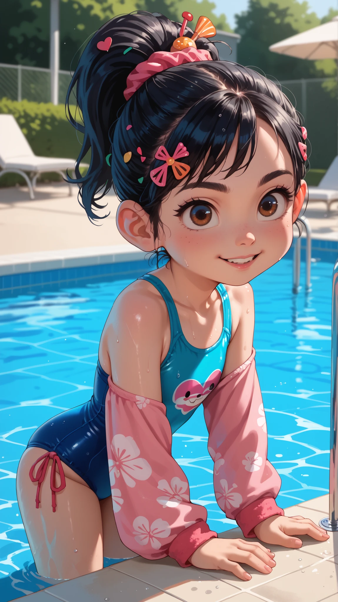 1 girl, VanellopevonS, 1girl, anime style, solo, black hair, hair ornament, hair scrunchie, swimsuit, small girl, cute, solo, lay on pool, bathing, hotel pool, miami, sfw