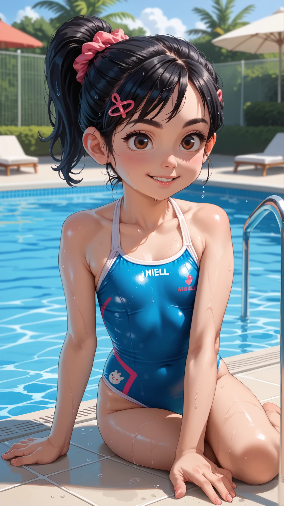 1 girl, VanellopevonS, 1girl, anime style, solo, black hair, hair ornament, hair scrunchie, swimsuit, small girl, cute, solo, lay on pool, bathing, hotel pool, miami, sfw