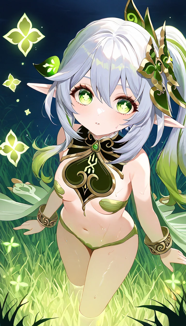 nude, naked, loli, flat chest, outside, smiling, happy, elf ears, pointy ears, daylight, green eyes, happy, hair ornament, white hair, side ponytail, hand in hair, spread legs, nipples