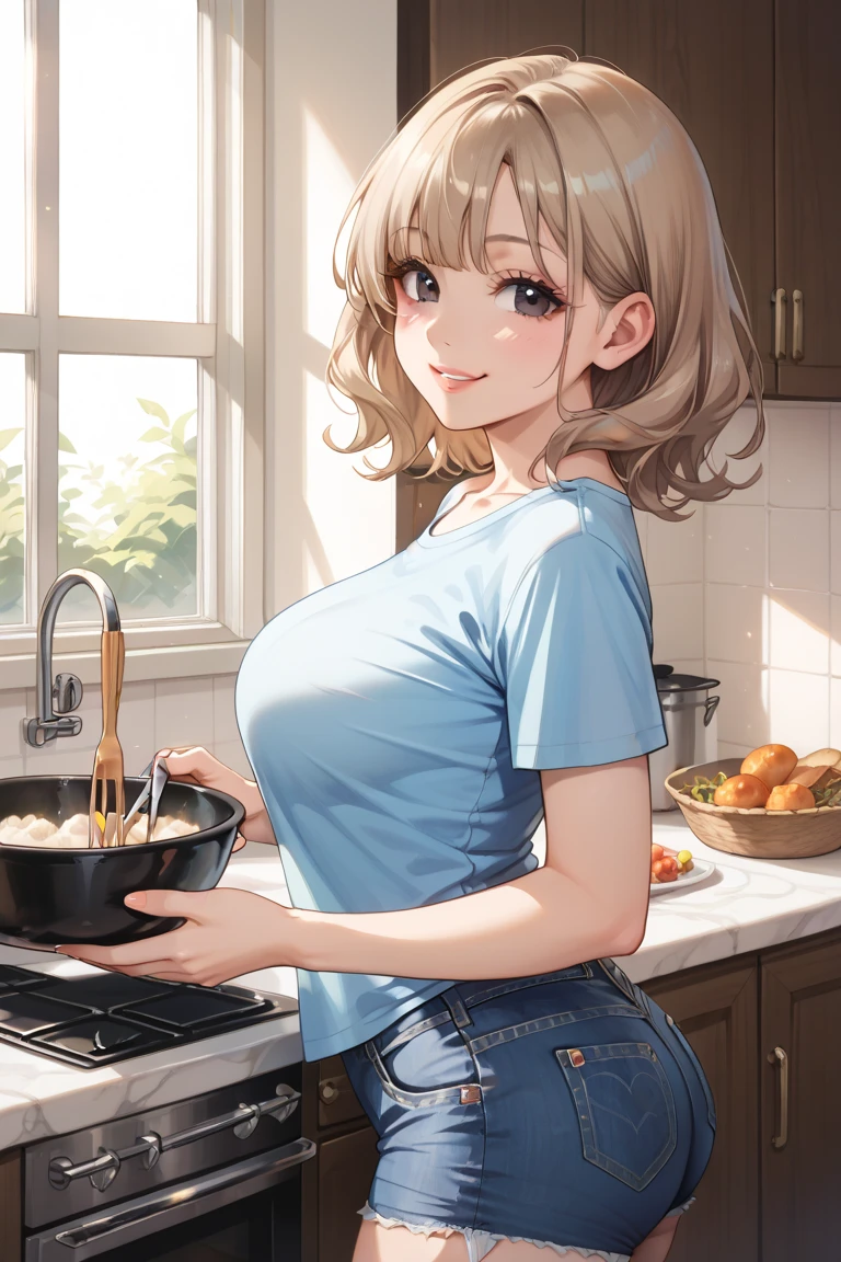 (dynamic angle:1.3, front view:1.1, breast focus:1.3, from above:1.1), (dynamic posing:1.2, sexy posing:1.2), (seductive smiling:1.3), ((looking at cake,Taking a cake out of the golden oven, worried about the outcome:1.2)),highest quality、(real、photorealistic:1.4),(ultra high resolution, 8K RAW photo, clear focus), best qualtiy, natural lighting, field depth, (Bright pupils, detailed beautiful eyes, high detailed face), Red lip, (tight focus:1.2), a girl 22yo old, Wearing a pastry chef uniform:1.3 , Thicc, thin breast, long hair, blue eyes,garter stocking, cleavage:1.2, midriff, black shorts, black thighhighs, thigh strap, pretty girl, (highly detailed beautiful face and eyes,firm breasts),real skin,((black,hair,long pony tail hair)),thin pubic hair,cute,lovely, detailed eyes,(double breasted:1.0,under bust:1.0),(with sparkling eyes and a contagious smile),open mouth, Looking at Viewer,A scene of cooking in the kitchen,looking at the golden oven 