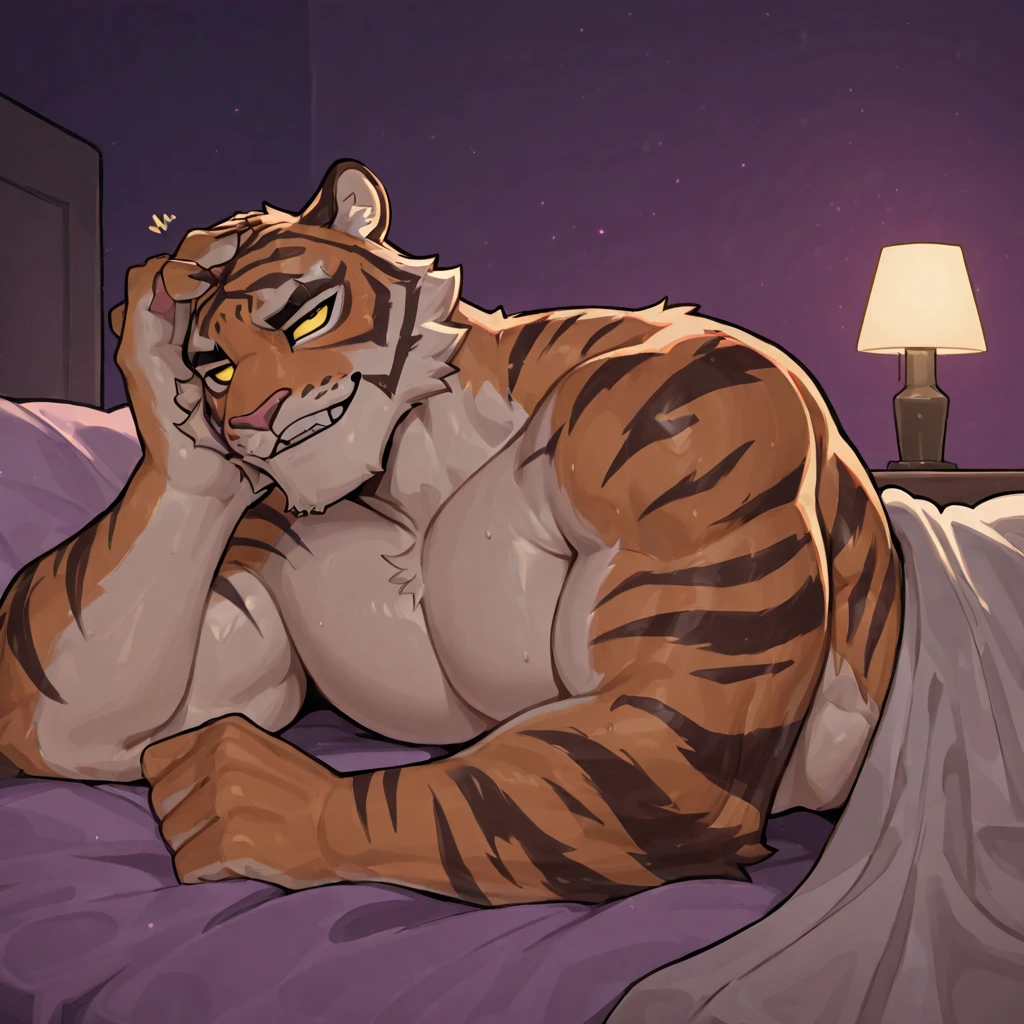 masterpiece, best quality, 8k resolution, Very detailed, hairy,tiger,White hair,Golden Eyes,Chubby face,Strong,Blushing,portrait,Solitary,male,Shirtless,shorts,On the bed,Lying,Highest quality scene
