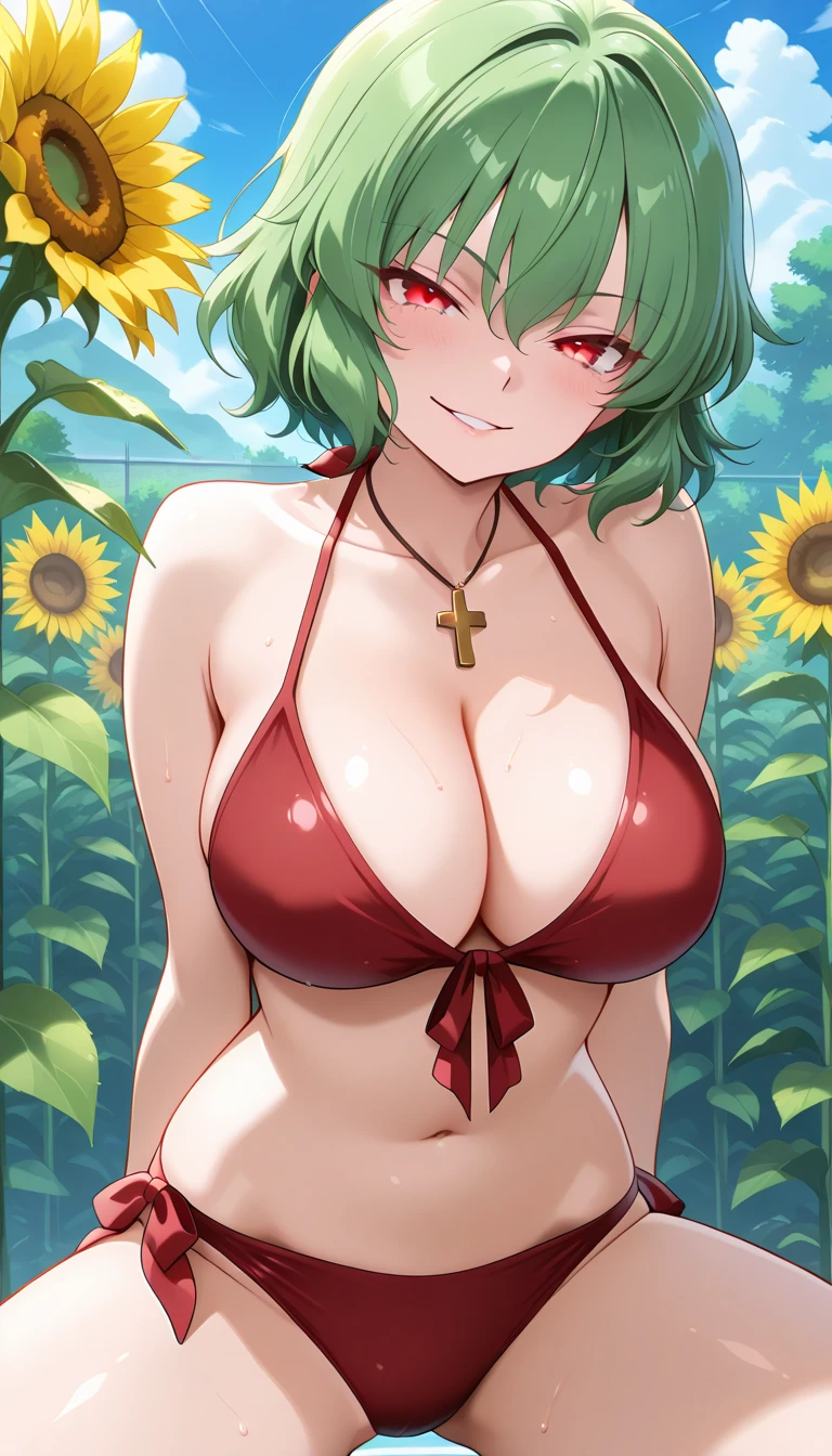 1girl, red hair, medium hair, short hair, flower, flower orbament, ornament, hair ornament, green eyes, one-piece swimsuit, competition swimsuit, large breasts, wide hips, thick thighs, smile, breasts supress, ((breast suppress)), hands on breasts