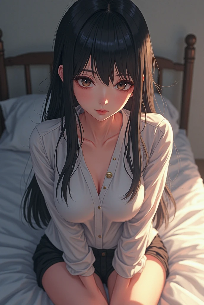 Misako amamiya,perfect ,realistic skin,black hair, long hair, (hair over one eye:1.4), messy hair, hair between eyes, hairclip,plump, chubby,fat, saggy breast,cute motif pajama, cute shy blush on