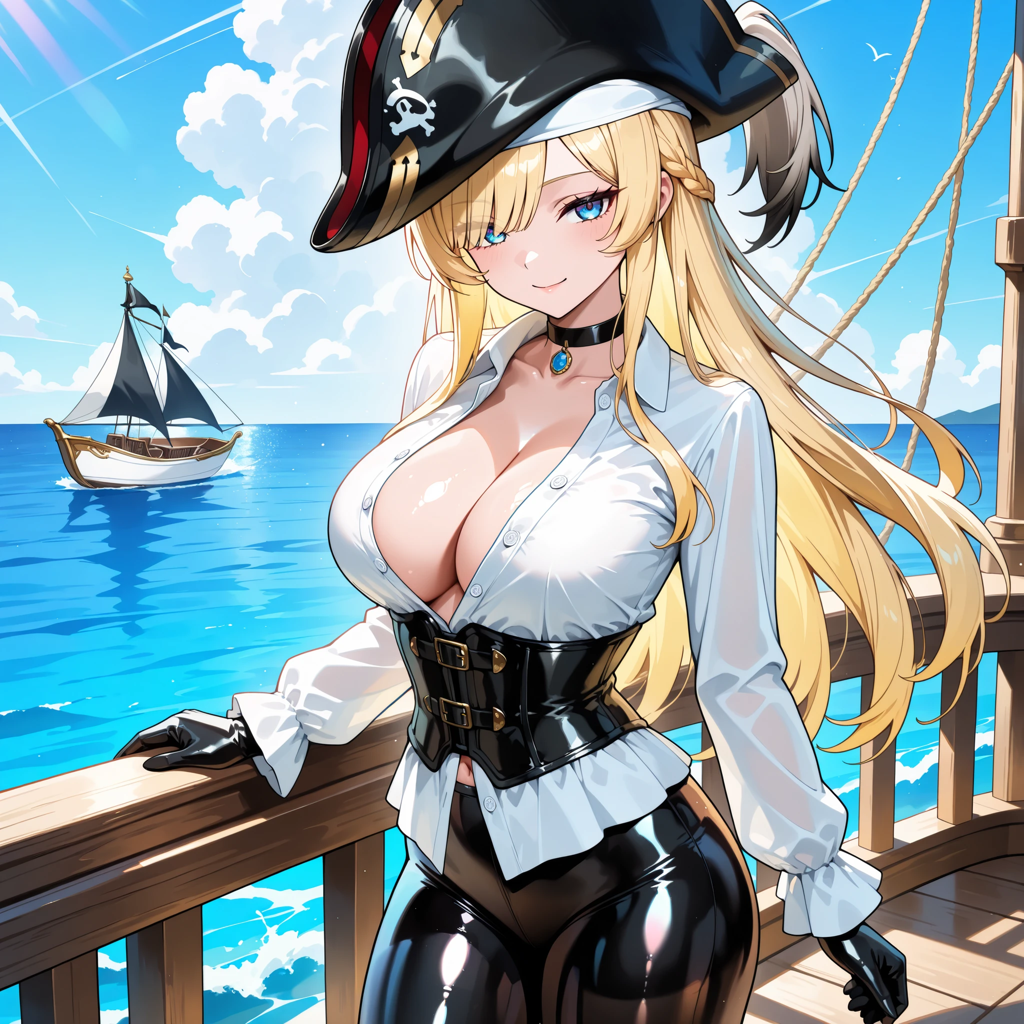 Sexy girl wearing (big diaper), ((Miss Fortune)), ((Bowsette)), busty, (big breasts), wide hips, (leather), stockings, fishnets, (leather corset), (hypnotic), (magical), (blushing), (confident), pleasure, (orgasmic), colorful, ((mommydom)), ((pirate)), (pirate ship), ocean, sails, sunlight, tropical, erotic